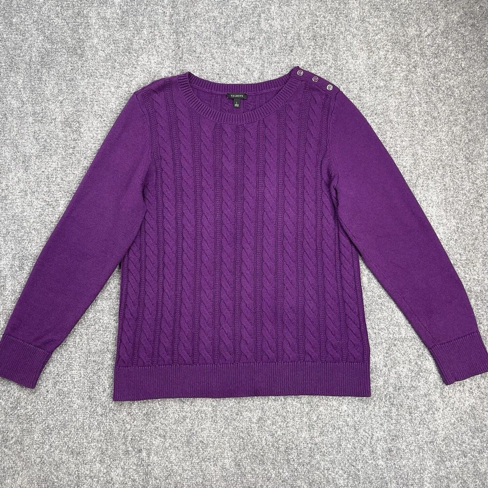 Talbots Cable Knit Sweater Womens Large Button Shoulder Accent Cotton Blend